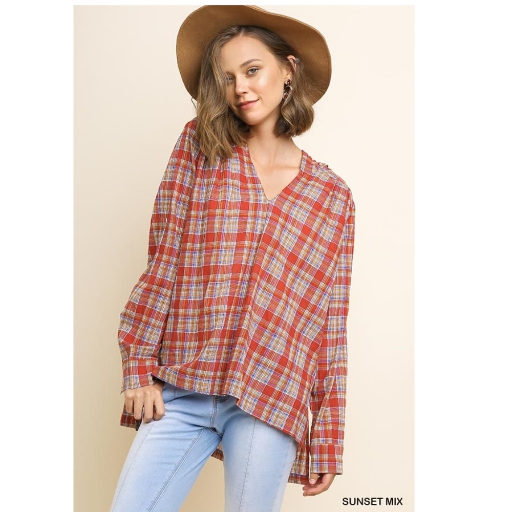 NEW Plaid High Low Hooded V-Neck Top Size S M L